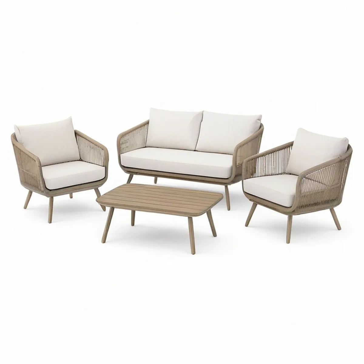 4-teiliges Garten-Lounge-Set mit Zweisitzer, 2 Sesseln und Couchtisch, Beige/Weiss, Zweisitzer 132 × 75 × 78 cm