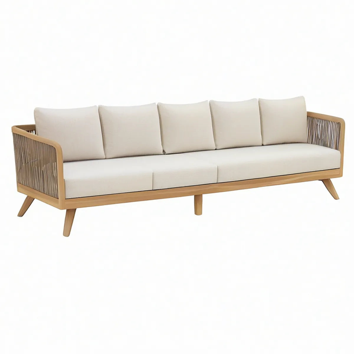 3-Sitzer Gartensofa aus Akazienholz mit Seilbespannung, Naturbraun/Taupe/Creme, 240 x 85 x 75 cm
