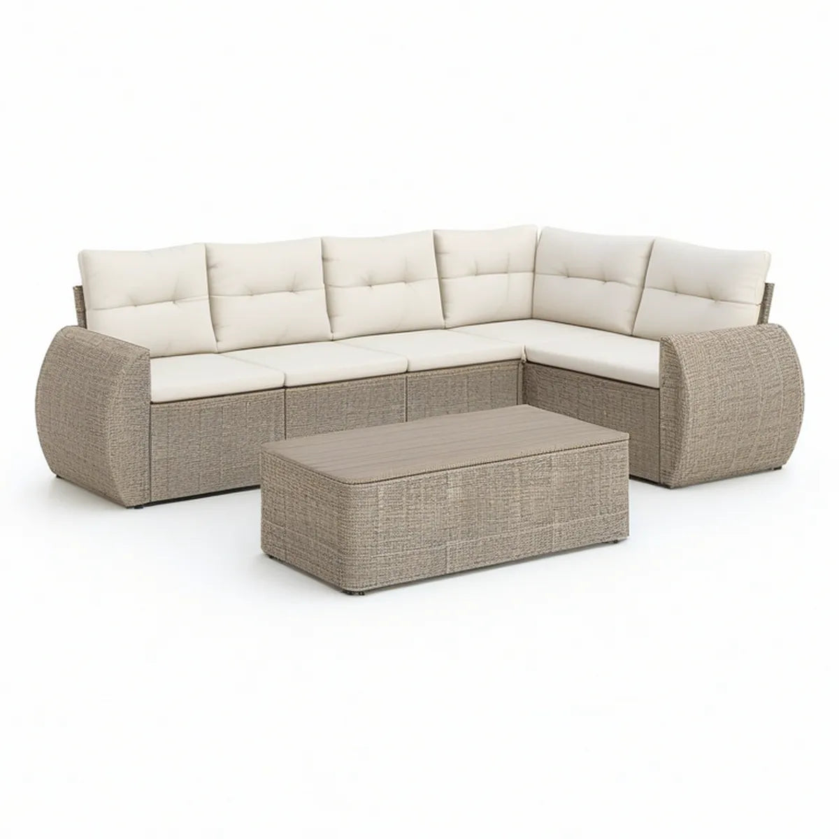 Gartenlounge Ecksofa mit Couchtisch, Beige-Grau/Cremeweiss, 300 x 230 x 85 cm