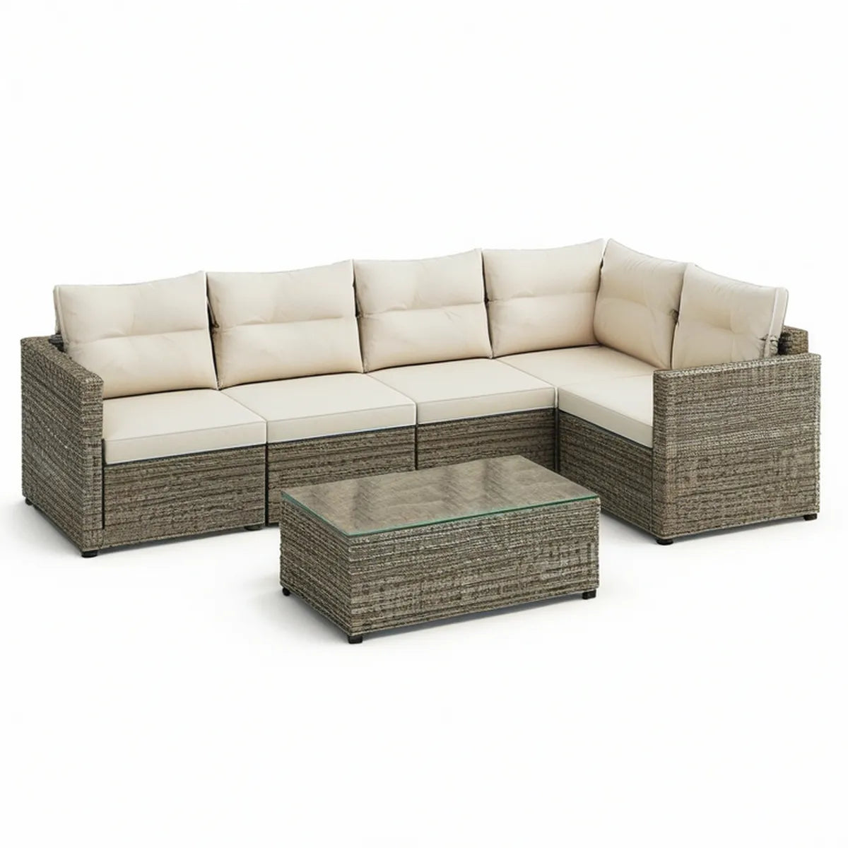 Gartenlounge-Set in L-Form aus Polyrattan, Taupe/Creme, 250 x 190 x 65 cm, mit Glastisch