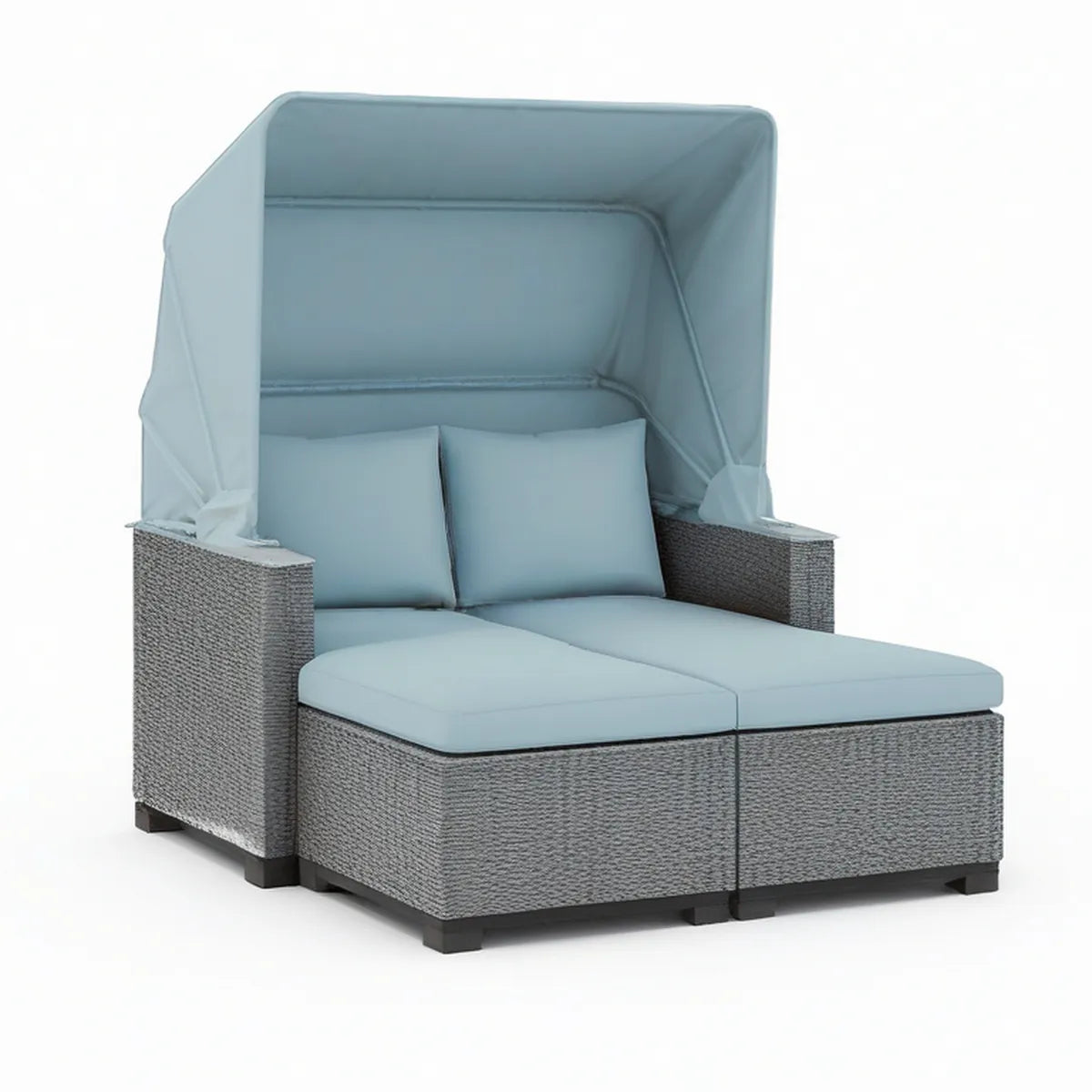 Doppel-Sonneninsel mit Klappdach aus Polyrattan, Grau/Hellblau, 150 x 150 x 170 cm