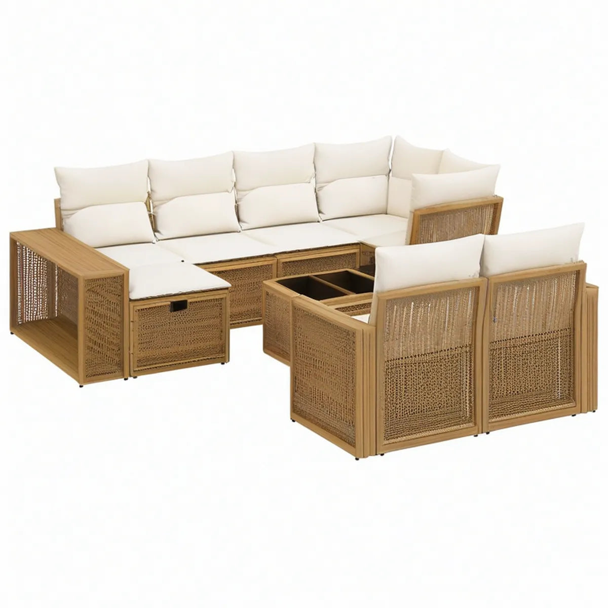 7-teiliges Gartenlounge-Set in L-Form aus Akazienholz und PE-Geflecht, Natur/Creme, 350 x 280 x 75 cm