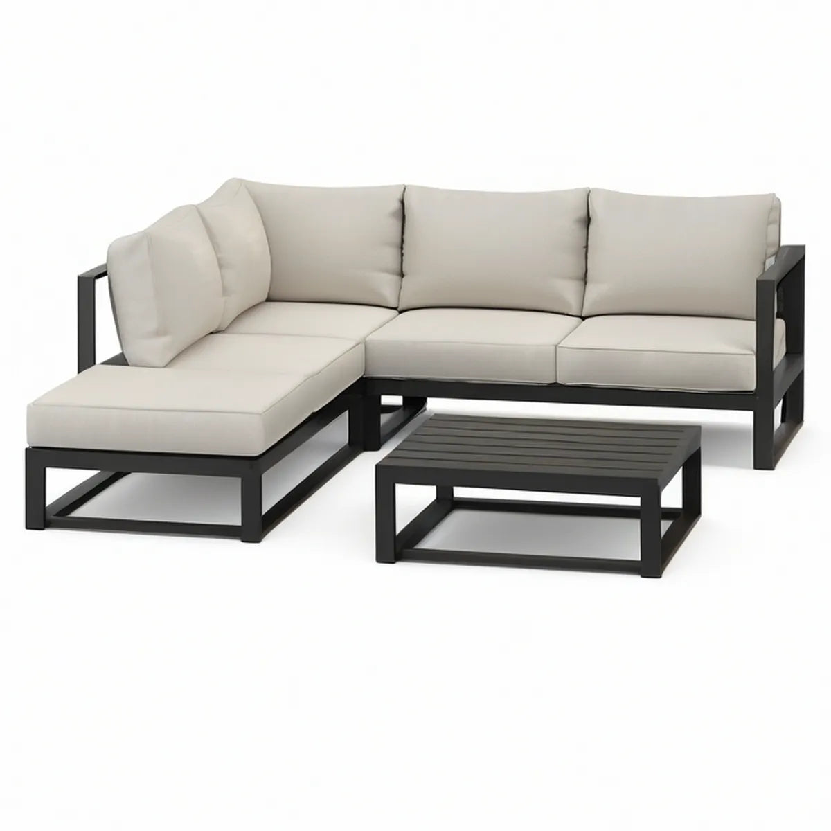 L-förmiges Lounge-Set aus Aluminium, Beige/Schwarz, 220 x 150 x 65 cm