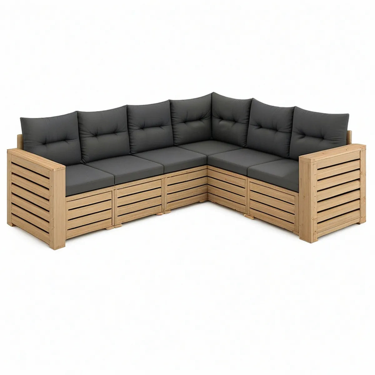 5-teiliges Gartenlounge-Ecksofa aus massivem Kiefernholz mit dunkelgrauen Kissen, 210 x 210 x 67 cm