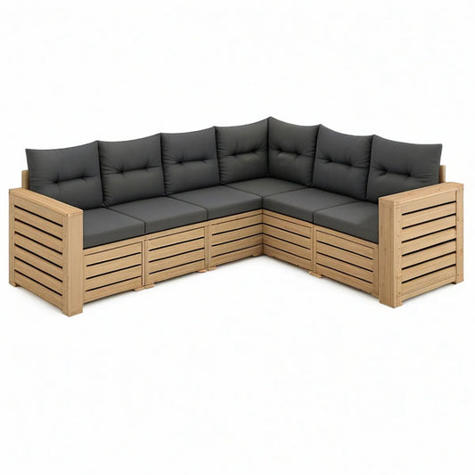 5-teiliges Gartenlounge-Ecksofa aus massivem Kiefernholz mit dunkelgrauen Kissen, 210 x 210 x 67 cm
