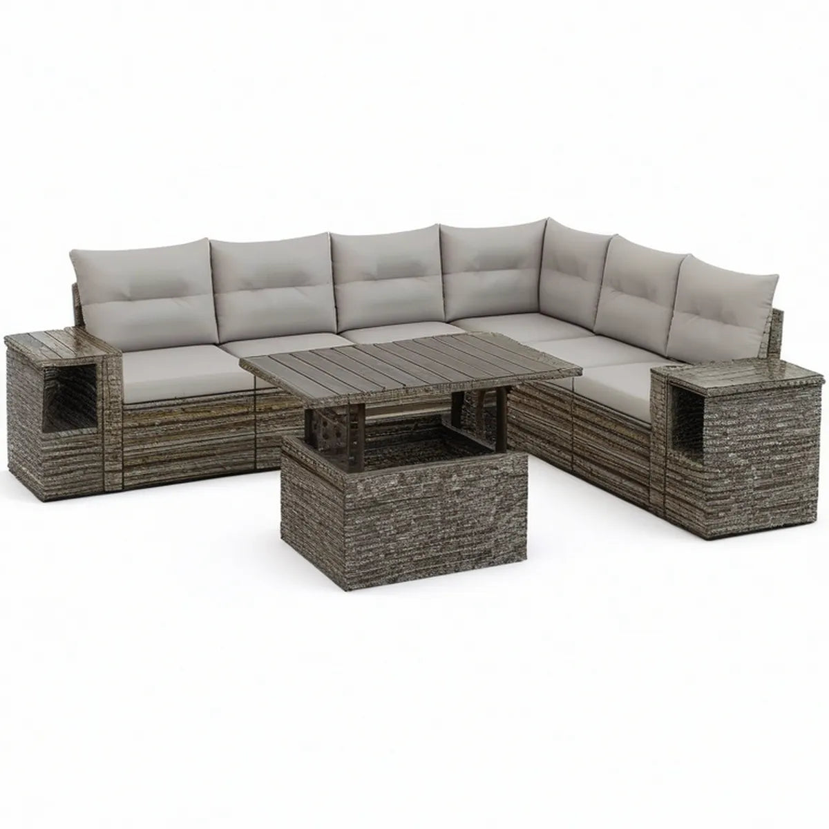 5-Sitzer Gartenlounge aus PE-Rattan Grau/Hellgrau mit Hebetisch, 260 x 210 cm