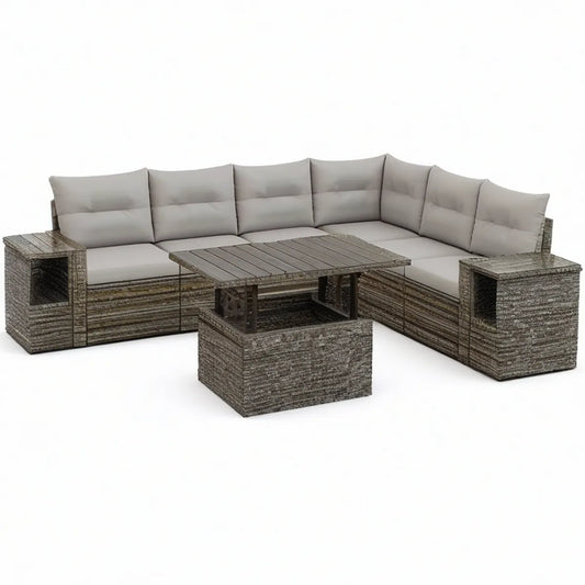 5-Sitzer Gartenlounge aus PE-Rattan Grau/Hellgrau mit Hebetisch, 260 x 210 cm