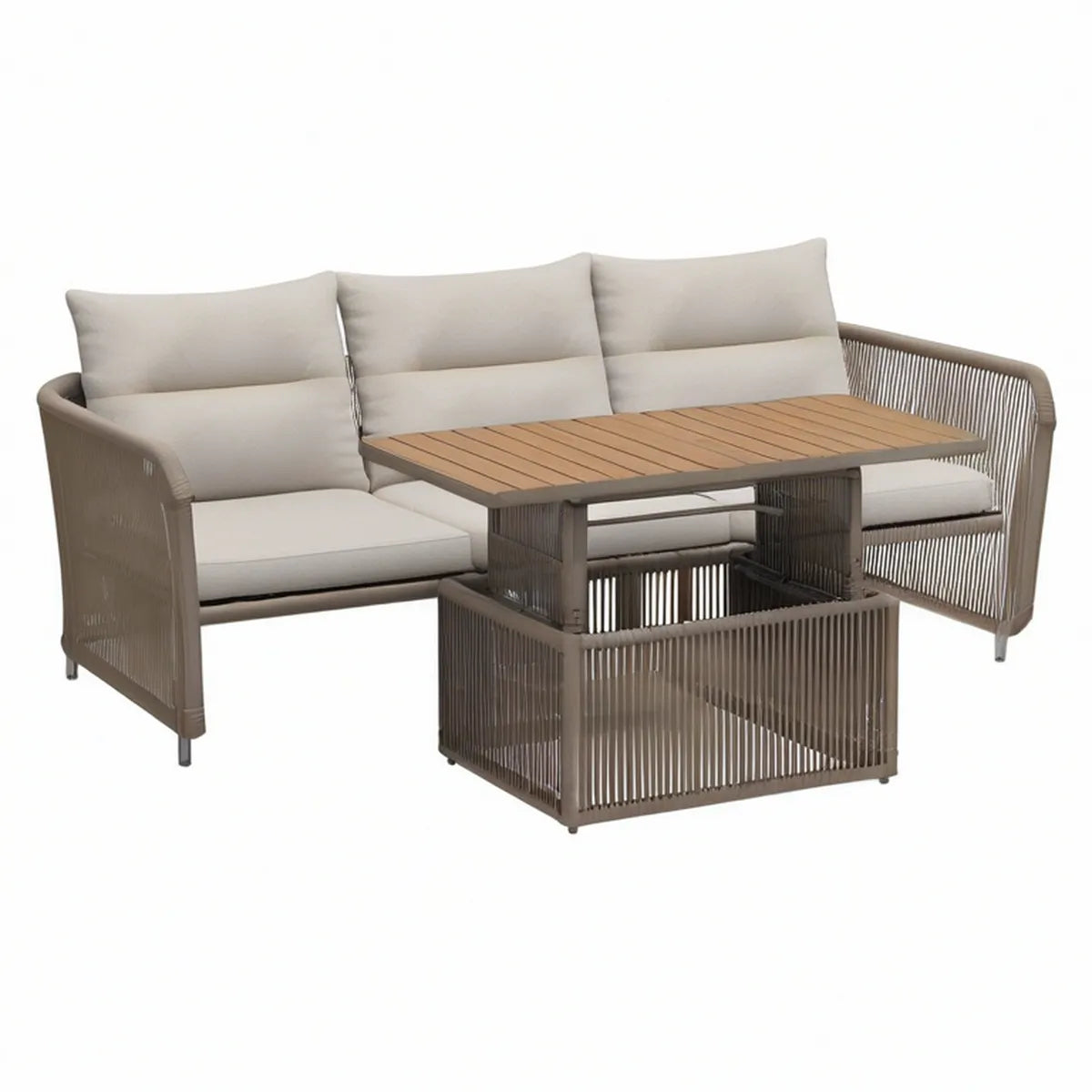 3-Sitzer-Gartensofa mit Tisch, Aluminium und PE-Geflecht, 222 x 80 x 75 cm, Tisch 120 x 70 x 68 cm, Taupe/Beige/Naturbraun