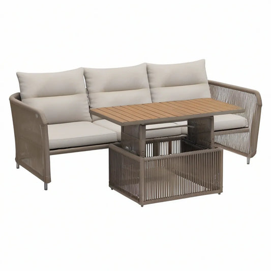 3-Sitzer-Gartensofa mit Tisch, Aluminium und PE-Geflecht, 222 x 80 x 75 cm, Tisch 120 x 70 x 68 cm, Taupe/Beige/Naturbraun