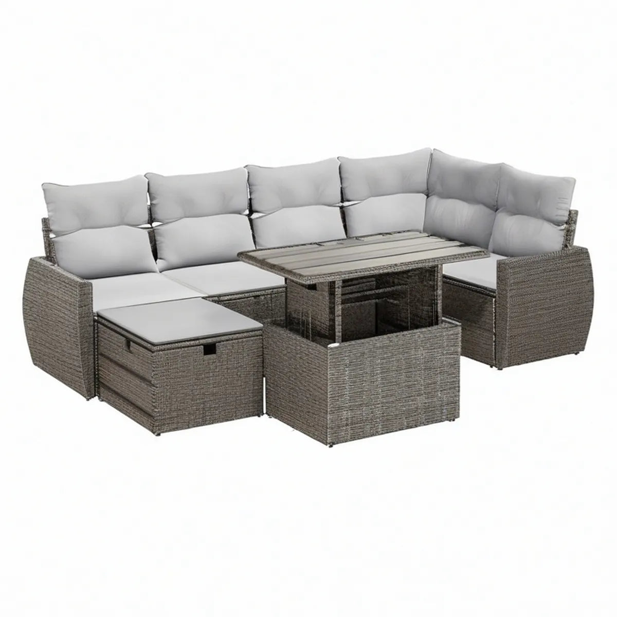 9-teilige Gartenlounge in L-Form aus PE-Rattan, Grau/Hellgrau, 210 x 210 cm
