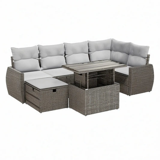 9-teilige Gartenlounge in L-Form aus PE-Rattan, Grau/Hellgrau, 210 x 210 cm