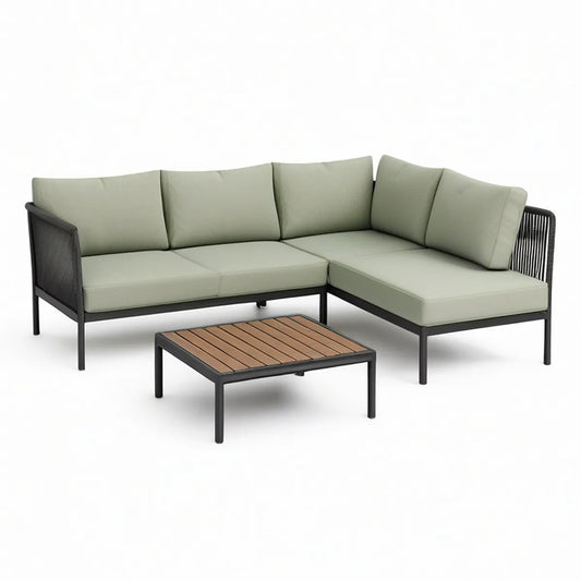 Garten-Lounge-Set in L-Form aus Aluminium, Polyester und Akazienholz, Grün/Schwarz/Naturbraun, Sofa 230 x 230 x 70 cm, Tisch 100 x 60 x 40 cm