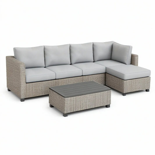 Gartenlounge in L-Form aus PE-Rattan Hellgrau/Grau/Schwarz, 250 x 180 x 85 cm