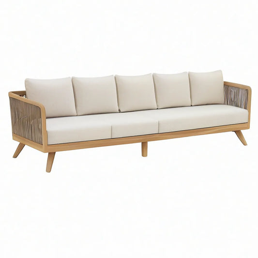 3-Sitzer Gartensofa aus Akazienholz mit Seilbespannung, Naturbraun/Taupe/Creme, 240 x 85 x 75 cm