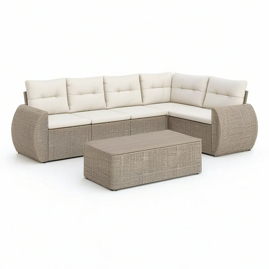 Gartenlounge Ecksofa mit Couchtisch, Beige-Grau/Cremeweiss, 300 x 230 x 85 cm