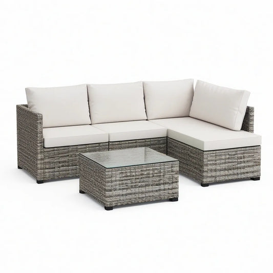 Garten-Ecksofa-Set 200 x 140 x 65 cm aus Polyrattan in Grau mit Couchtisch und Kissen in Cremeweiss