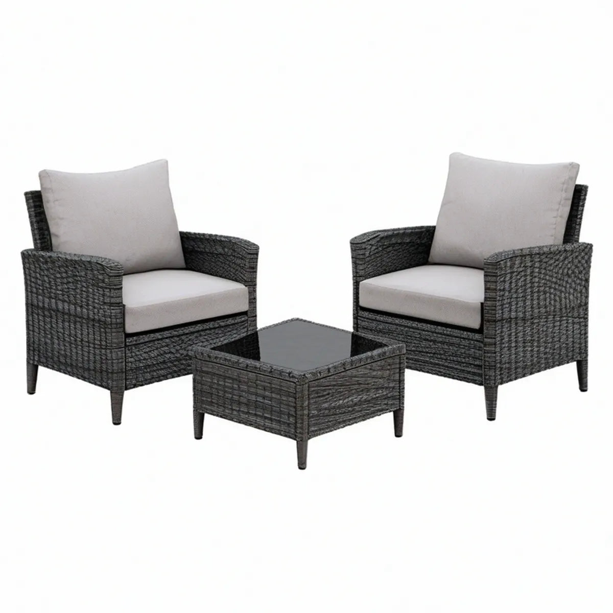 3-teiliges Gartenlounge-Set aus Polyrattan in Grau/Creme mit 2 Sesseln und Couchtisch, Sessel 65 x 65 x 73 cm, Tisch 45 x 45 x 32 cm