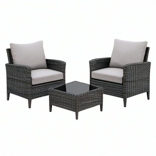 3-teiliges Gartenlounge-Set aus Polyrattan in Grau/Creme mit 2 Sesseln und Couchtisch, Sessel 65 x 65 x 73 cm, Tisch 45 x 45 x 32 cm