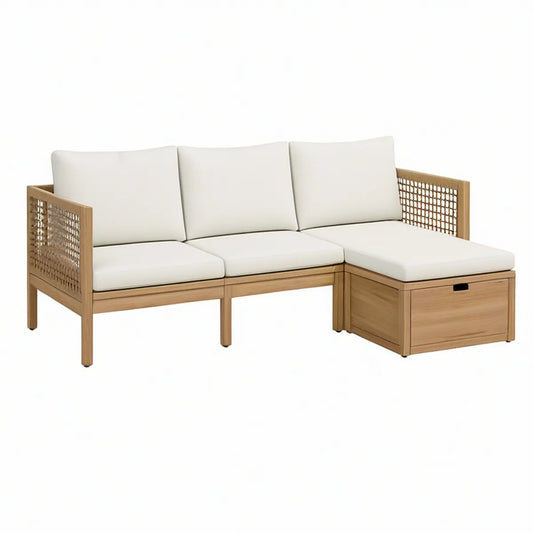Garten-Ecksofa aus Akazienholz mit Stauraum, Naturbraun/Creme, 210 x 140 x 70 cm