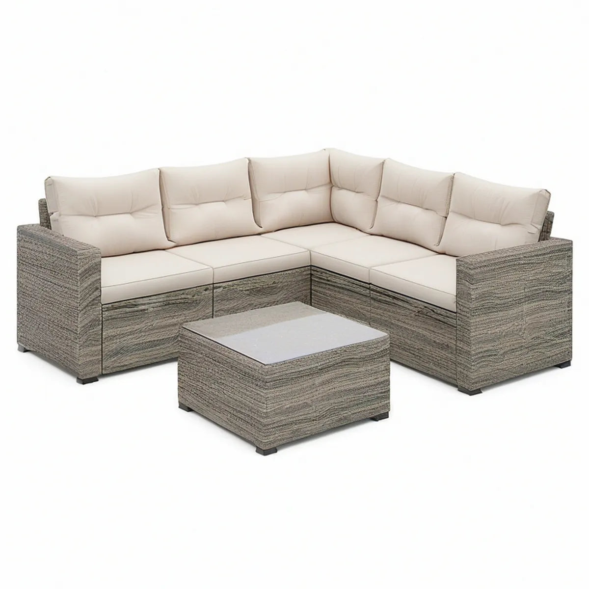 L-förmige Gartenlounge aus Polyrattan mit Tisch, 220 x 220 x 82 cm, Grau/Beige/Hellgrau