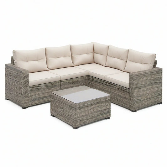 L-förmige Gartenlounge aus Polyrattan mit Tisch, 220 x 220 x 82 cm, Grau/Beige/Hellgrau