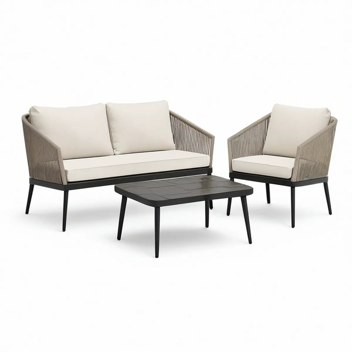 4-teiliges Gartenlounge-Set aus Aluminium und Seilgeflecht in Beige/Schwarz, 2-Sitzer, 2 Sessel und Couchtisch 120 x 65 cm