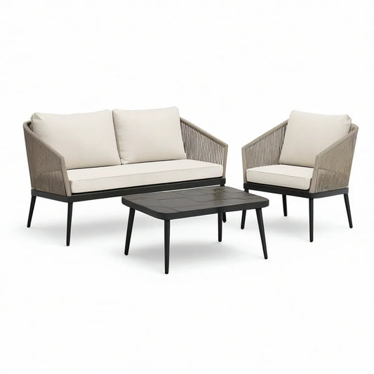 4-teiliges Gartenlounge-Set aus Aluminium und Seilgeflecht in Beige/Schwarz, 2-Sitzer, 2 Sessel und Couchtisch 120 x 65 cm