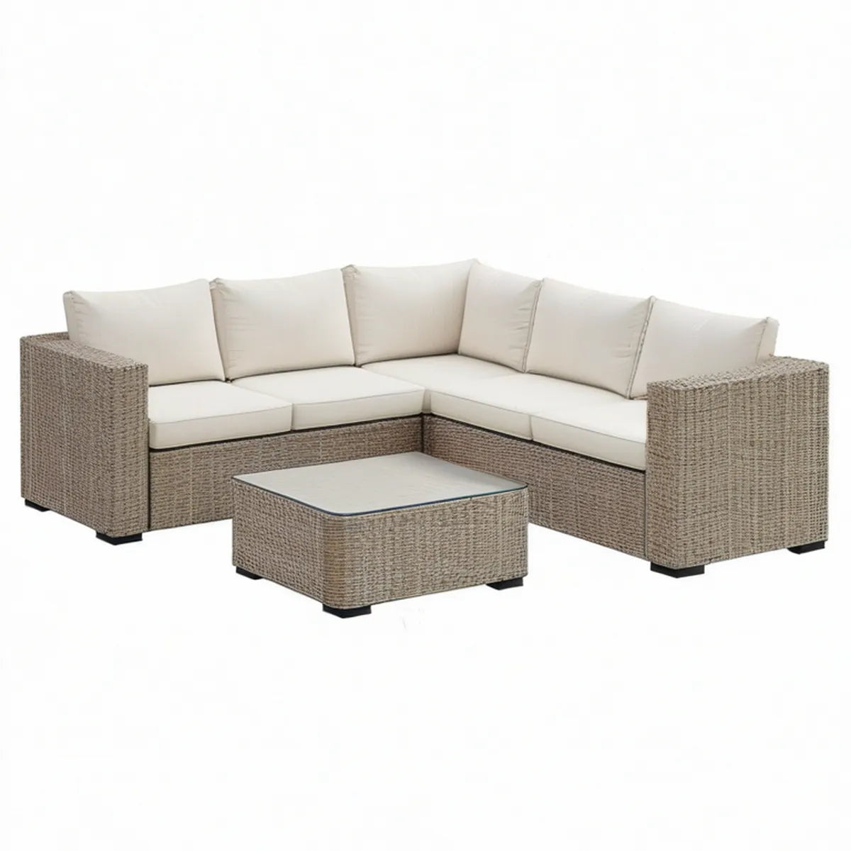 Gartenlounge-Ecksofa-Set aus PE-Rattan in Beige mit cremeweissen Polstern und Glastisch, 220 × 220 × 85 cm