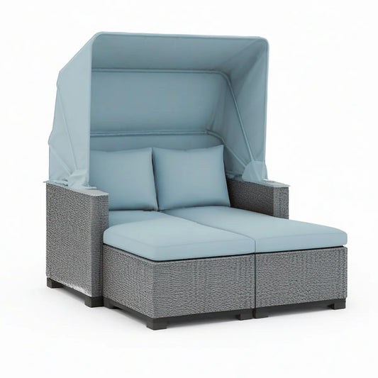 Doppel-Sonneninsel mit Klappdach aus Polyrattan, Grau/Hellblau, 150 x 150 x 170 cm